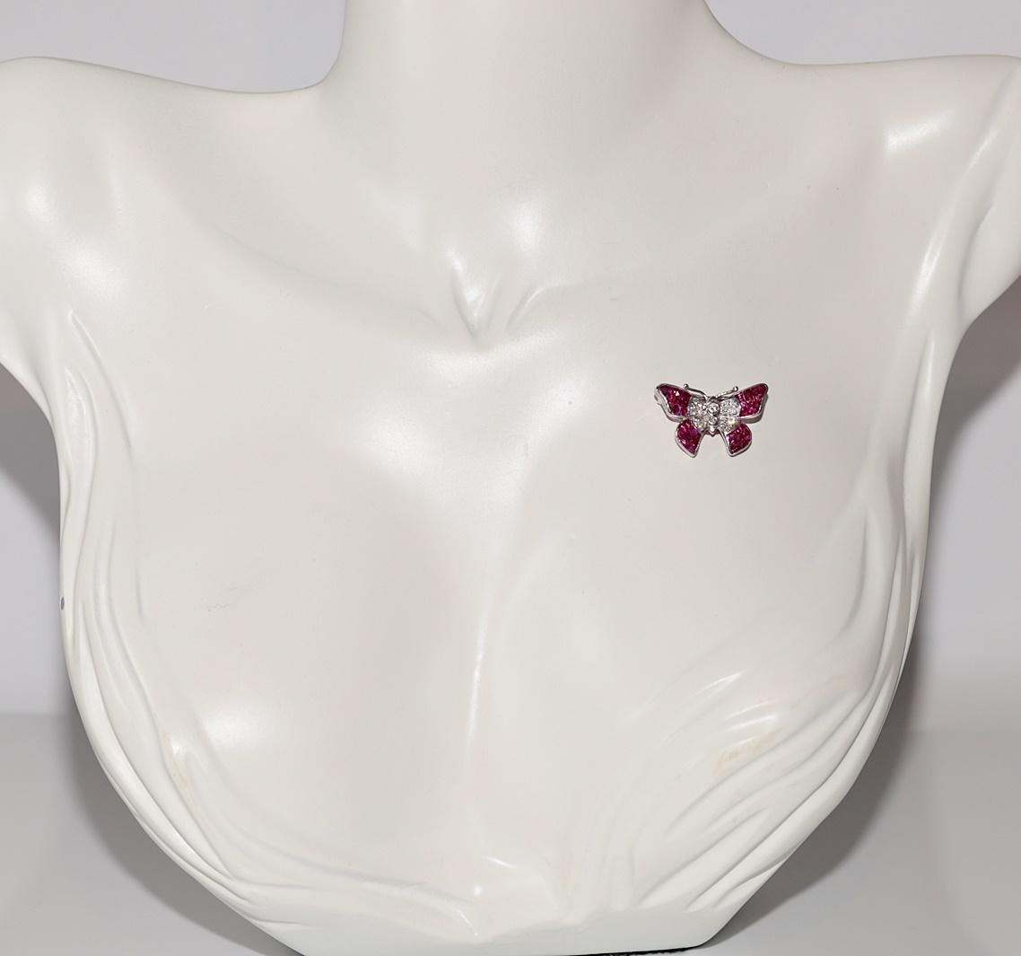 Vintage Circa 1990s 18k Gold Natural Diamond Princess cut Ruby Butterfly Brooch For Sale 10