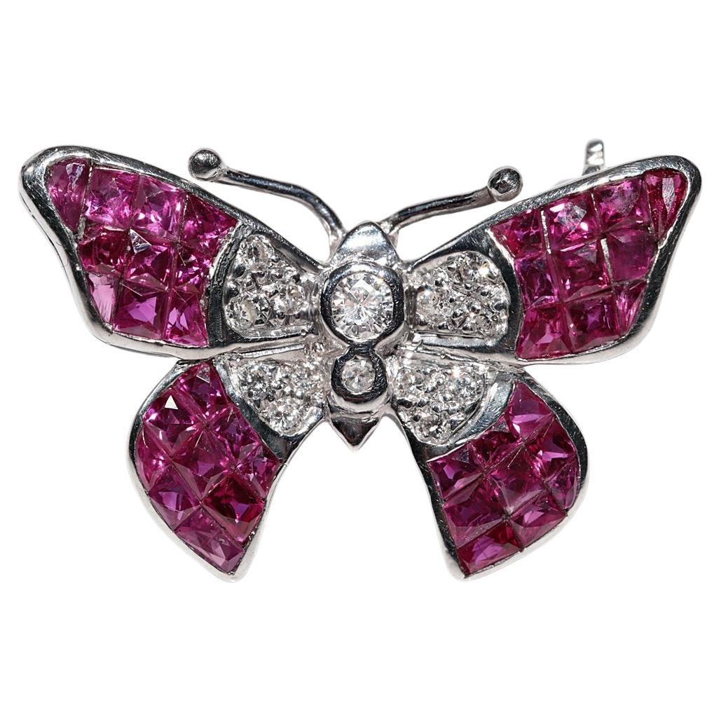 Vintage Circa 1990s 18k Gold Natural Diamond Princess cut Ruby Butterfly Brooch