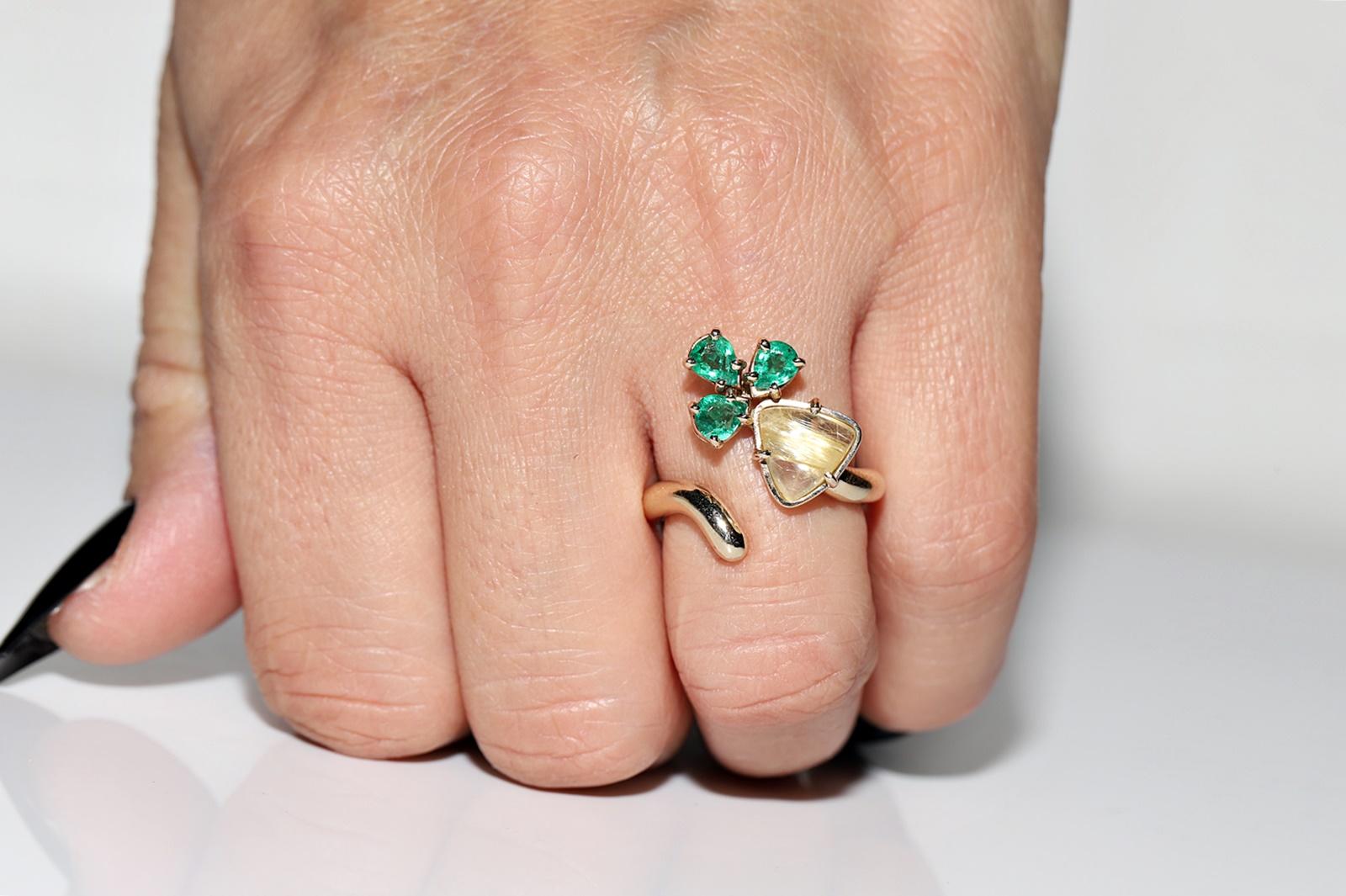 Pear Cut Vintage Circa 1990s 18k Gold Natural Emerald And Rutille Quartz Decorated Ring  For Sale