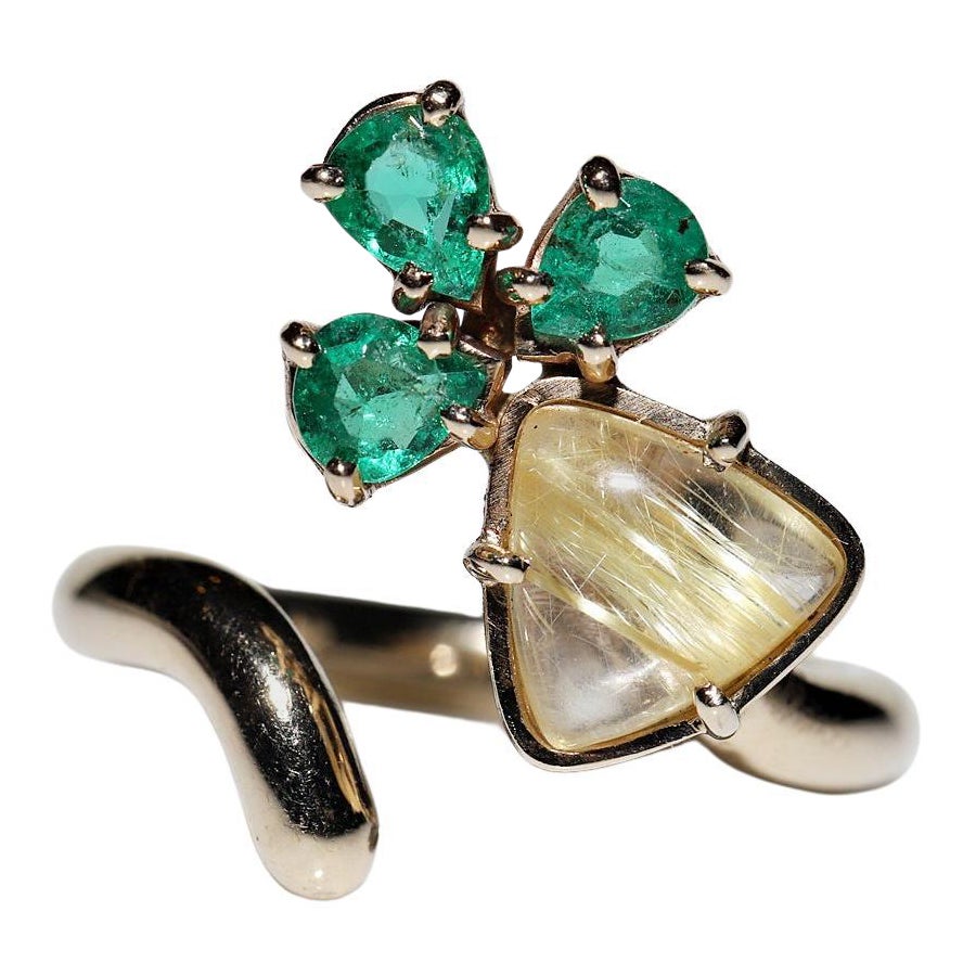 Anello decorato in oro 18 carati con smeraldo naturale e quarzo rutilo, vintage CIRCA anni
90