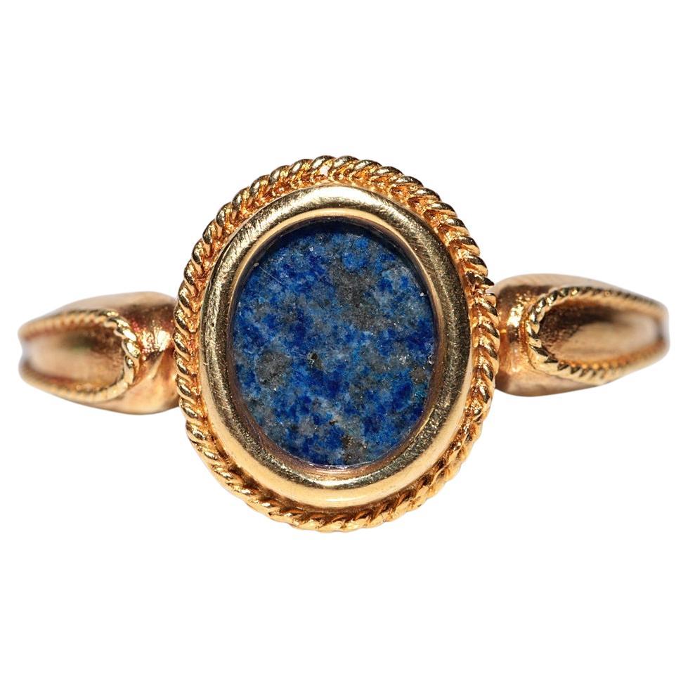 Vintage Circa 1990s 18k Gold Natural Oval Cut  Lapis Decorated Solitaire Ring