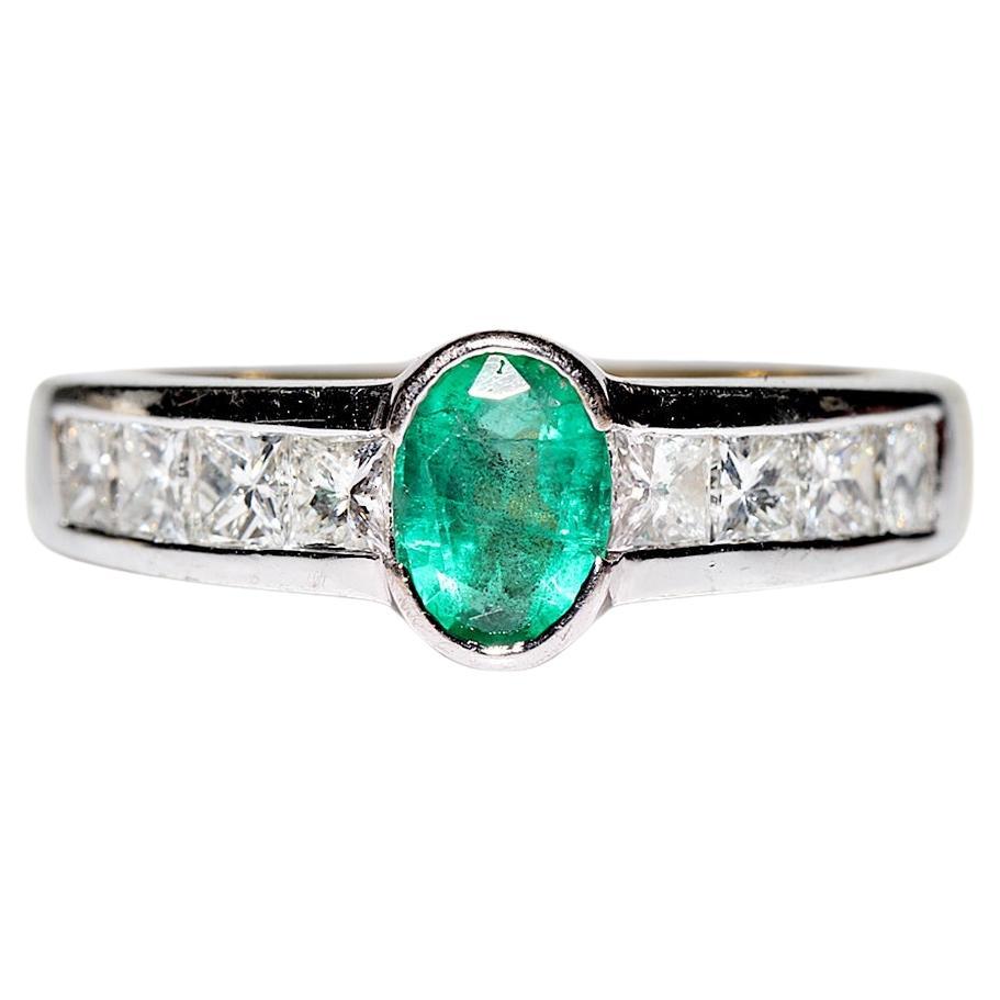 Vintage Circa 1990s 18K Gold Natural Princess Cut Diamond And  Emerald Ring