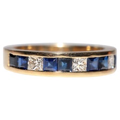 Vintage Circa 1990 Gold 18k Natural Princesse Cut Diamond And Sapphire Band Ring