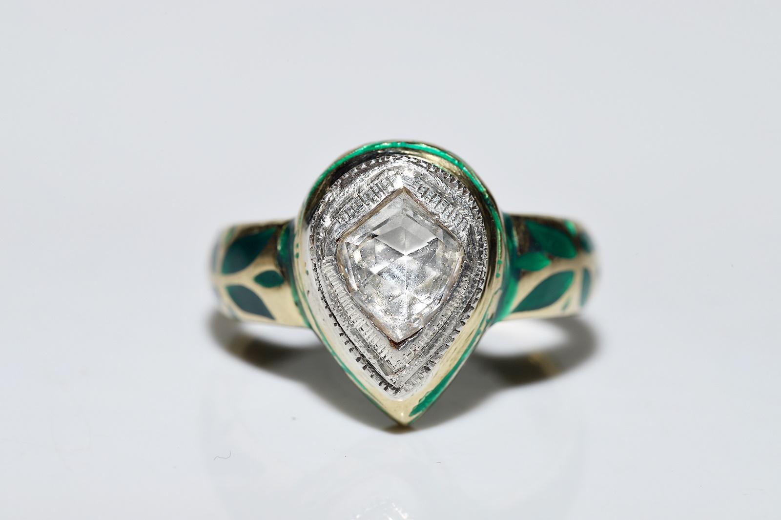Vintage Circa 1990s 18k Gold Natural Rose Cut Diamond Solitaire Enamel Ring For Sale 2