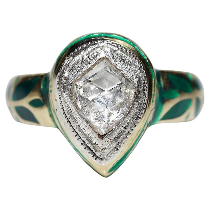Vintage Circa 1990s 18k Gold Natural Rose Cut Diamond Solitaire Enamel Ring