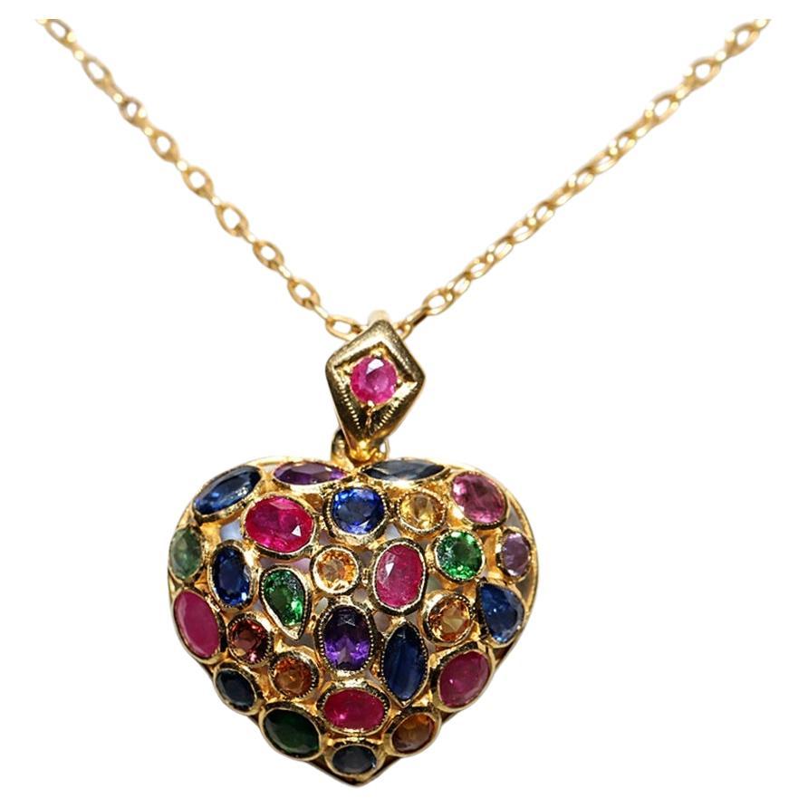 Vintage Circa 1990s 18k Gold Natural Sapphire Ruby And Topaz Amethyst Necklace For Sale