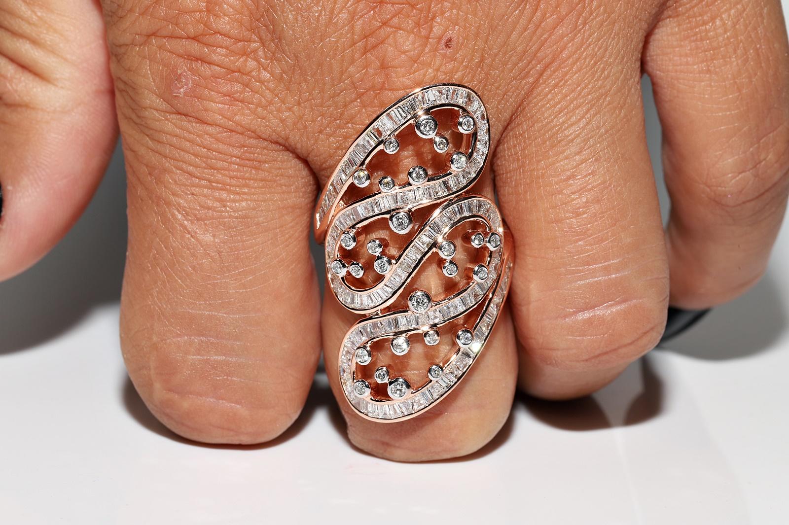 Baguette Cut Vintage Circa 1990s 18k Gold Rose Gold  Natural Diamond Decorated Strong Ring For Sale