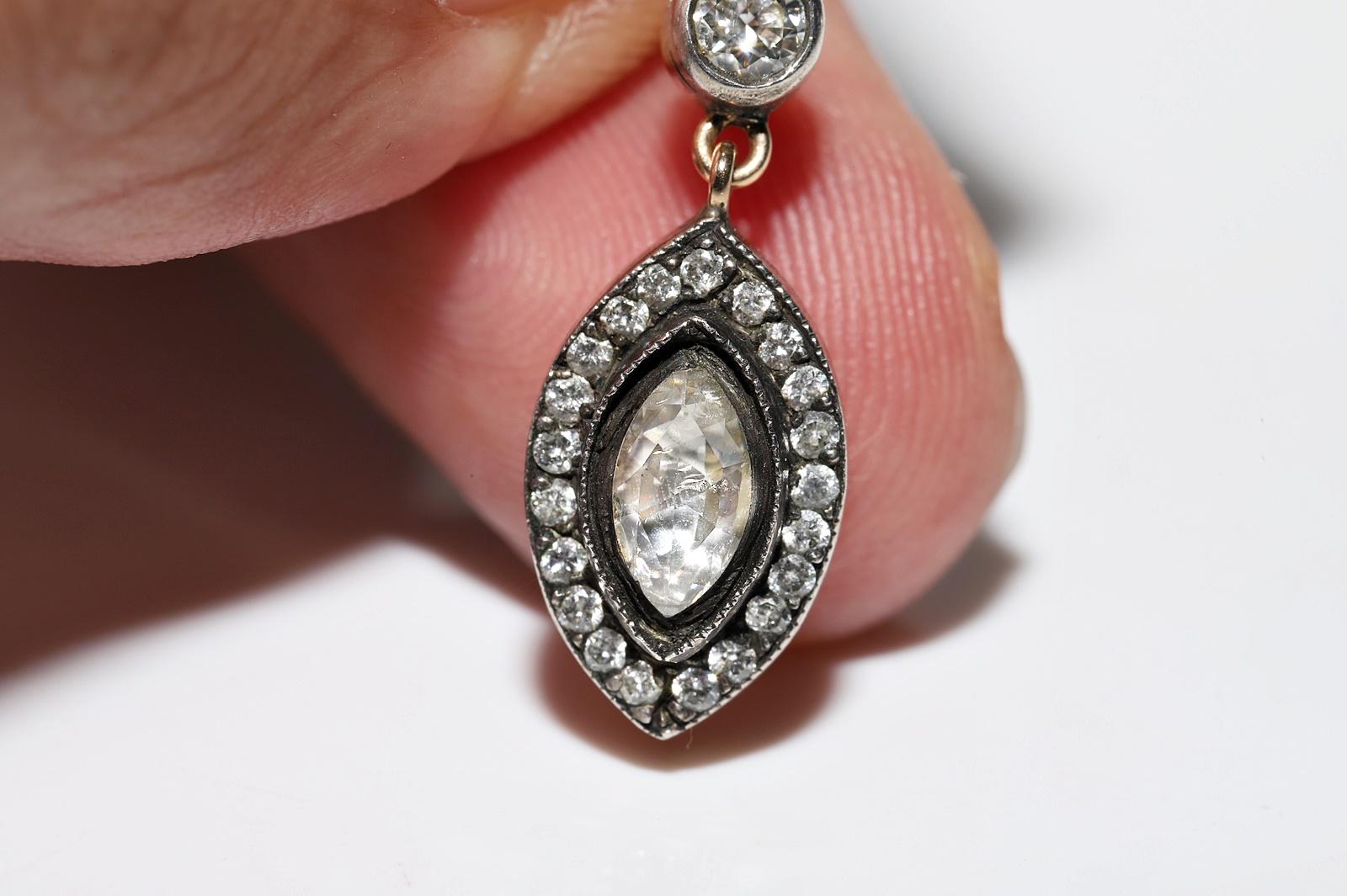 Vintage Circa 1990er Jahre 14k Gold Top Silber natürlicher Diamant Dekorierter Tropfenohrring im Zustand „Gut“ im Angebot in Fatih/İstanbul, 34
