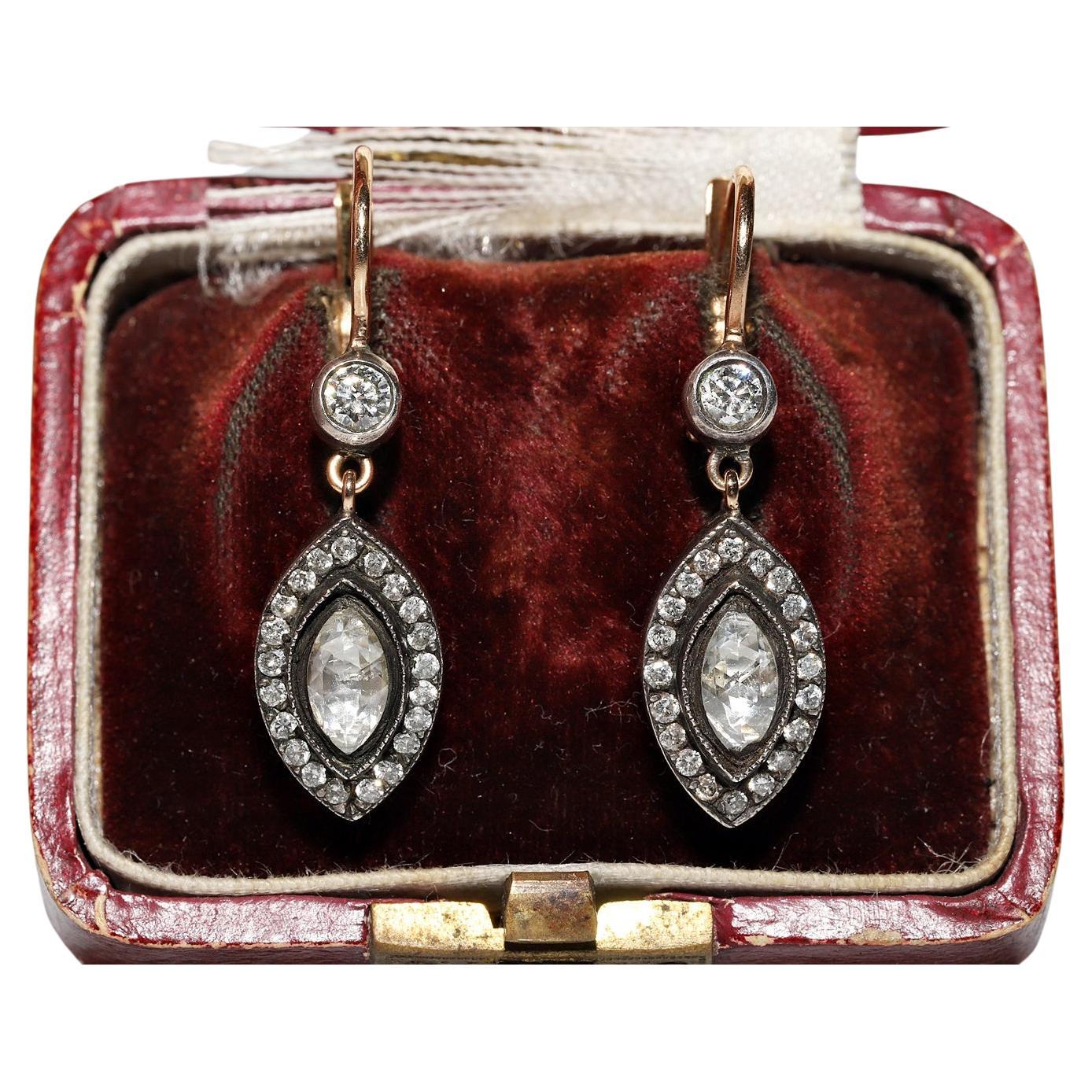 Vintage Circa 1990s 14k Gold Top Silver Natural Diamond Decorated Drop Earring