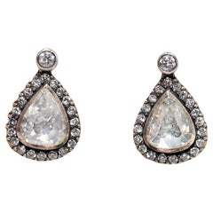 Vintage Circa 1990s 18k Gold Top Silver Natural Diamond Decorated Stud Earring