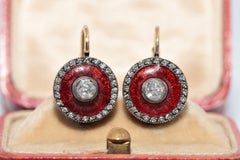 Vintage Circa 1990s 18k Gold Top Silver Natural Diamond Enamel Decorated Earring