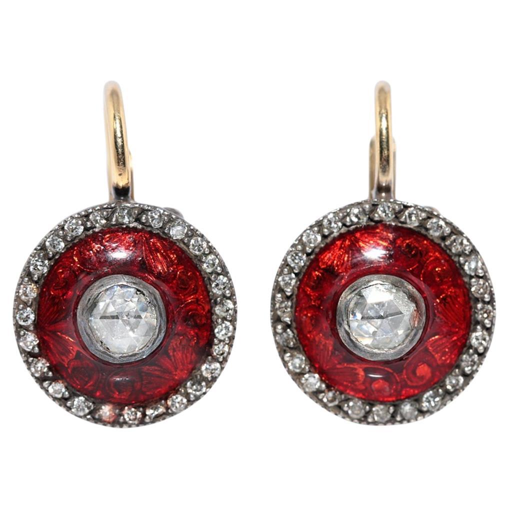 Vintage Circa 1990s 18k Gold Top Silver Natural Diamond Enamel Decorated Earring