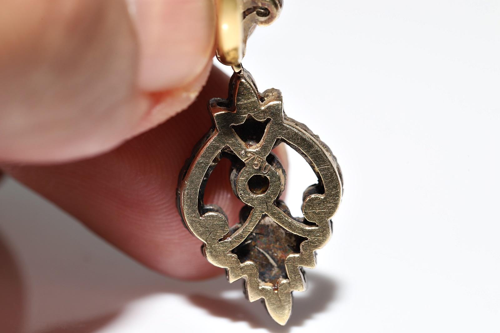 Vintage Circa 1990s 18k Gold Top Silver Natural Rose Cut Diamond Drop Earring For Sale 5