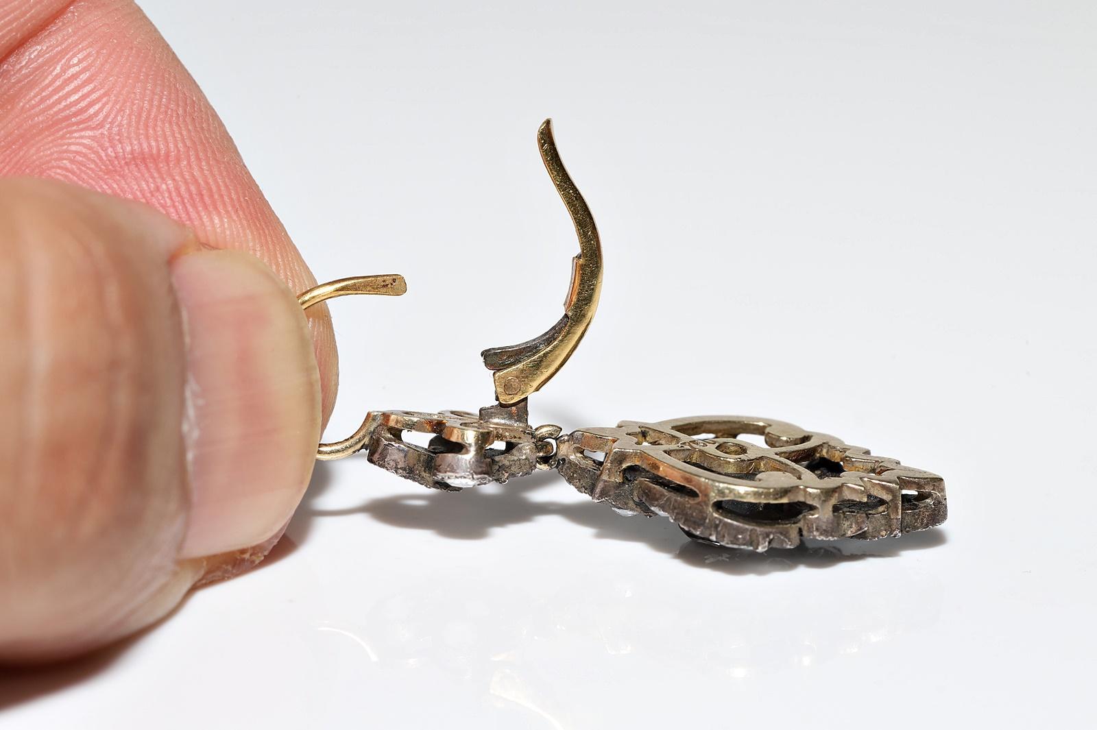 Vintage Circa 1990er Jahre 18k Gold Top Silber Natürlicher Rosenschliff Diamant Tropfenohrring im Angebot 6