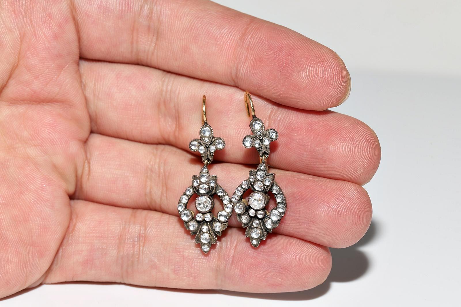 Vintage Circa 1990er Jahre 18k Gold Top Silber Natürlicher Rosenschliff Diamant Tropfenohrring im Angebot 7