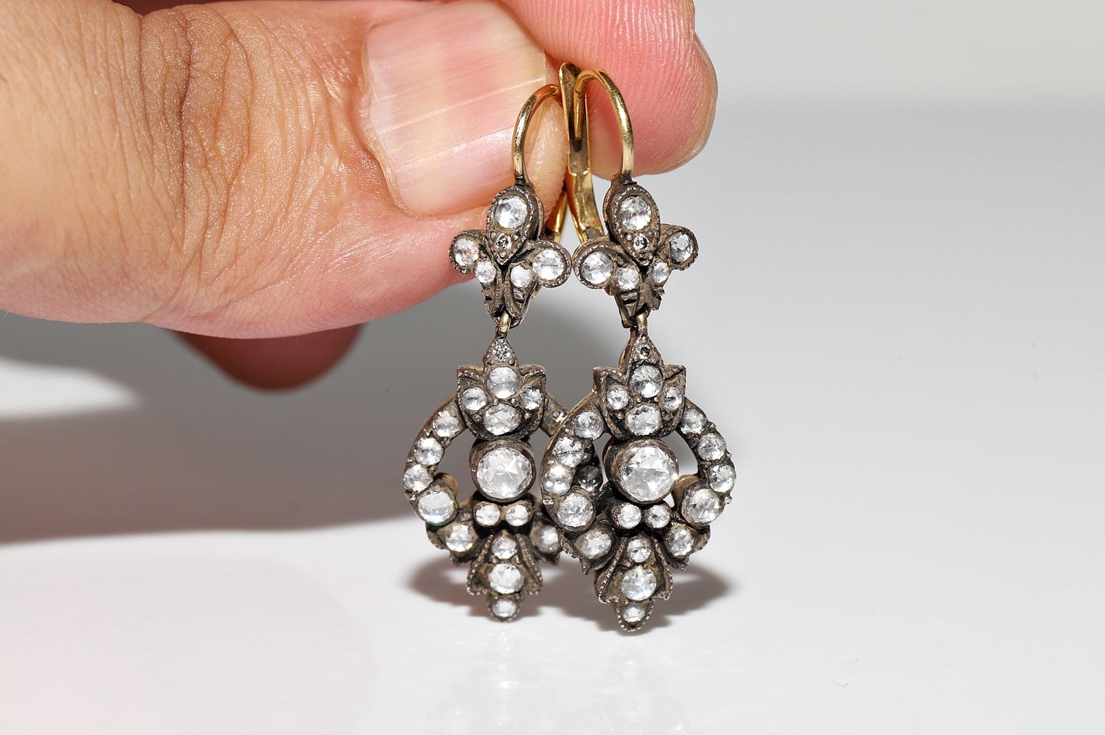 Vintage Circa 1990er Jahre 18k Gold Top Silber Natürlicher Rosenschliff Diamant Tropfenohrring im Angebot 8