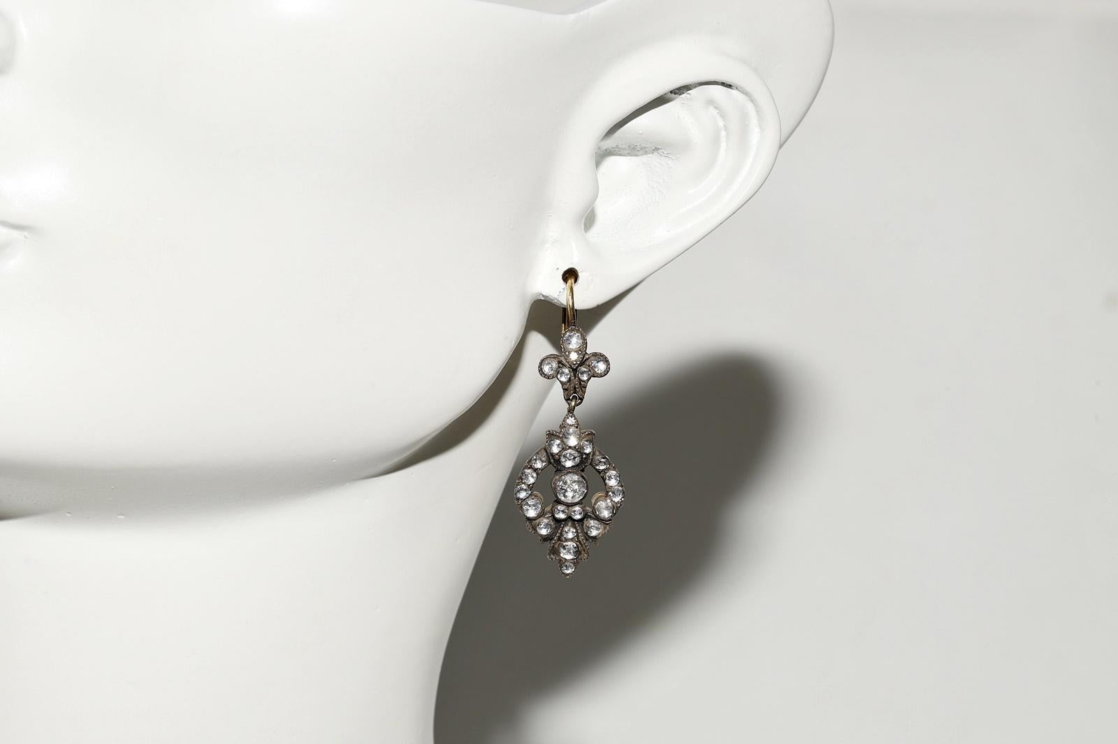 Vintage Circa 1990er Jahre 18k Gold Top Silber Natürlicher Rosenschliff Diamant Tropfenohrring im Angebot 11