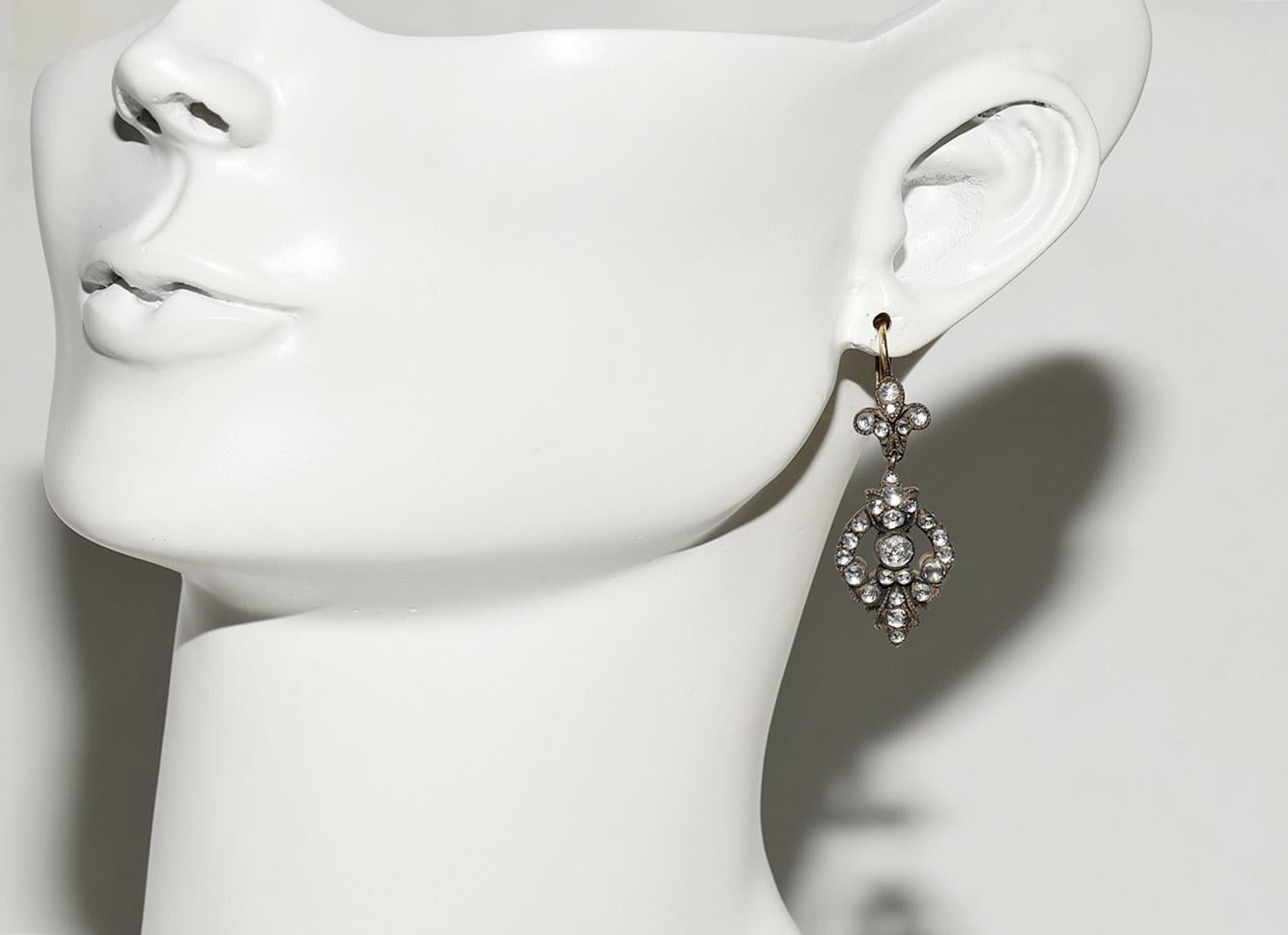 Vintage Circa 1990s 18k Gold Top Silver Natural Rose Cut Diamond Drop Earring For Sale 12