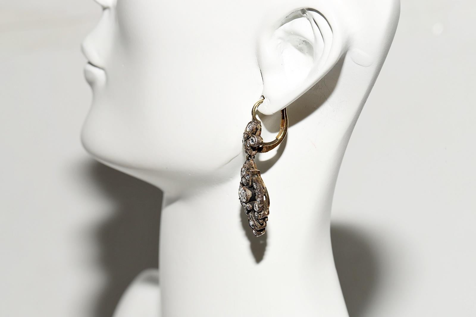 Vintage Circa 1990s 18k Gold Top Silver Natural Rose Cut Diamond Drop Earring For Sale 13