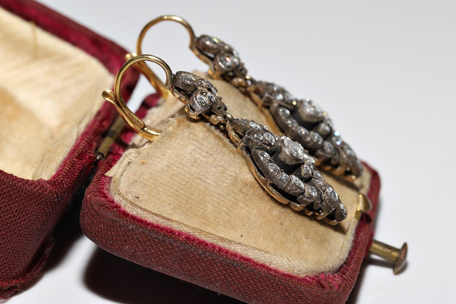 Vintage Circa 1990er Jahre 18k Gold Top Silber Natürlicher Rosenschliff Diamant Tropfenohrring (Retro) im Angebot