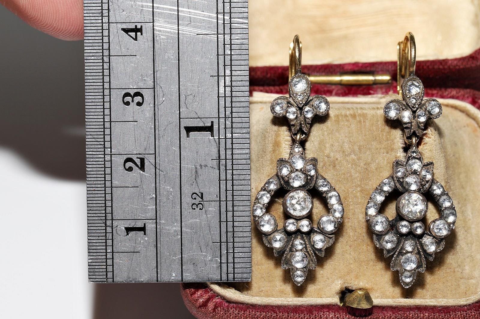 Vintage Circa 1990s 18k Gold Top Silver Natural Rose Cut Diamond Drop Earring In Good Condition For Sale In Fatih/İstanbul, 34