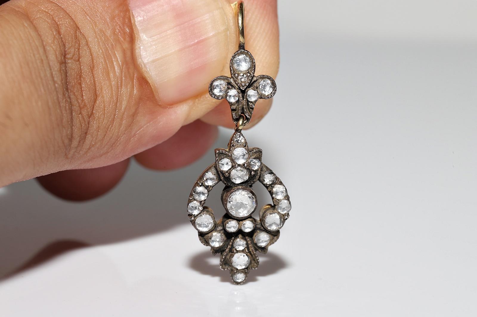 Women's Vintage Circa 1990s 18k Gold Top Silver Natural Rose Cut Diamond Drop Earring For Sale