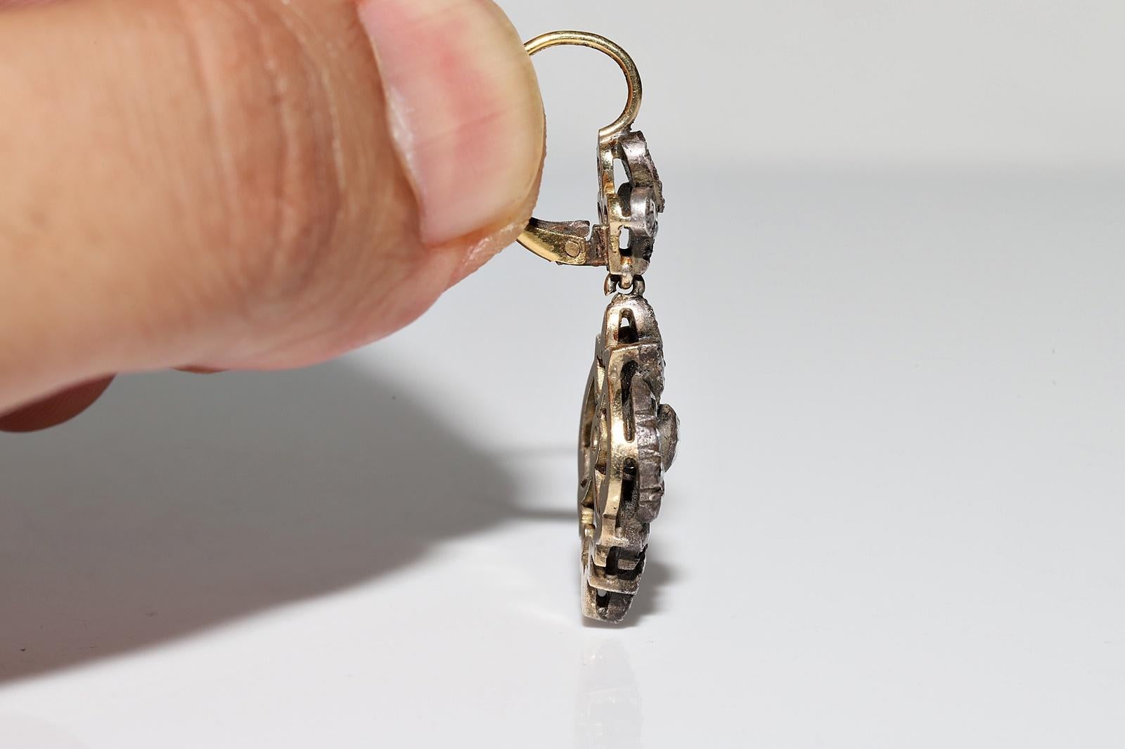 Vintage Circa 1990er Jahre 18k Gold Top Silber Natürlicher Rosenschliff Diamant Tropfenohrring im Angebot 1