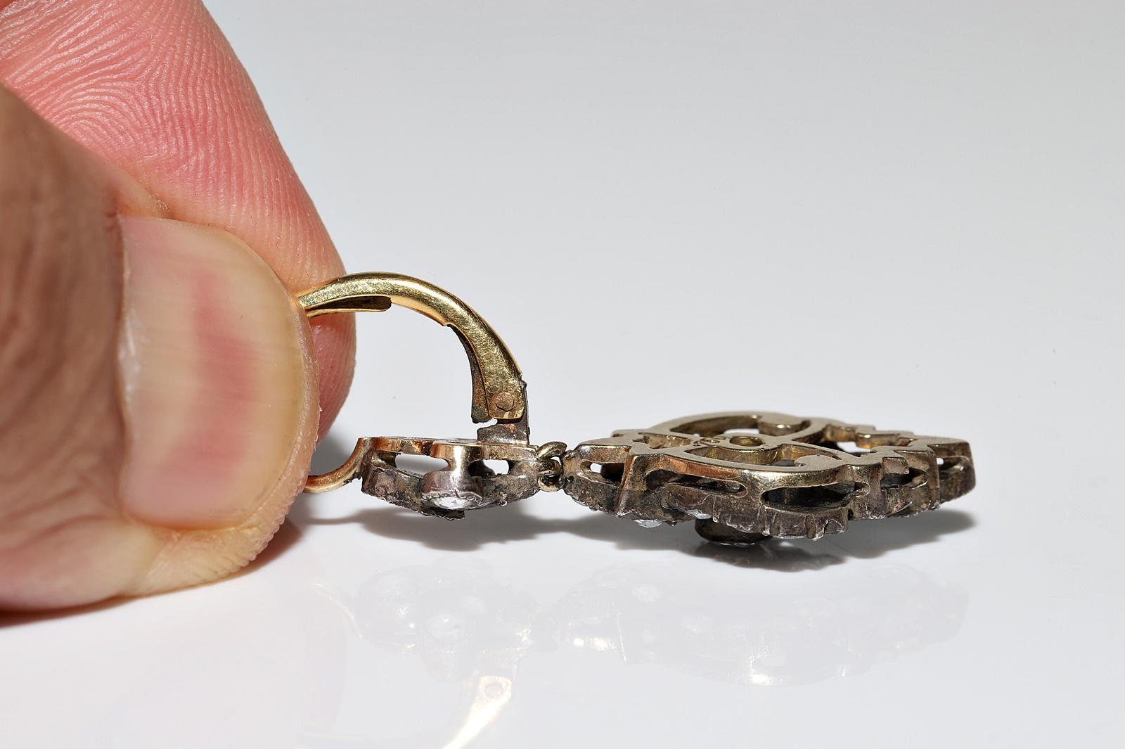 Vintage Circa 1990er Jahre 18k Gold Top Silber Natürlicher Rosenschliff Diamant Tropfenohrring im Angebot 3