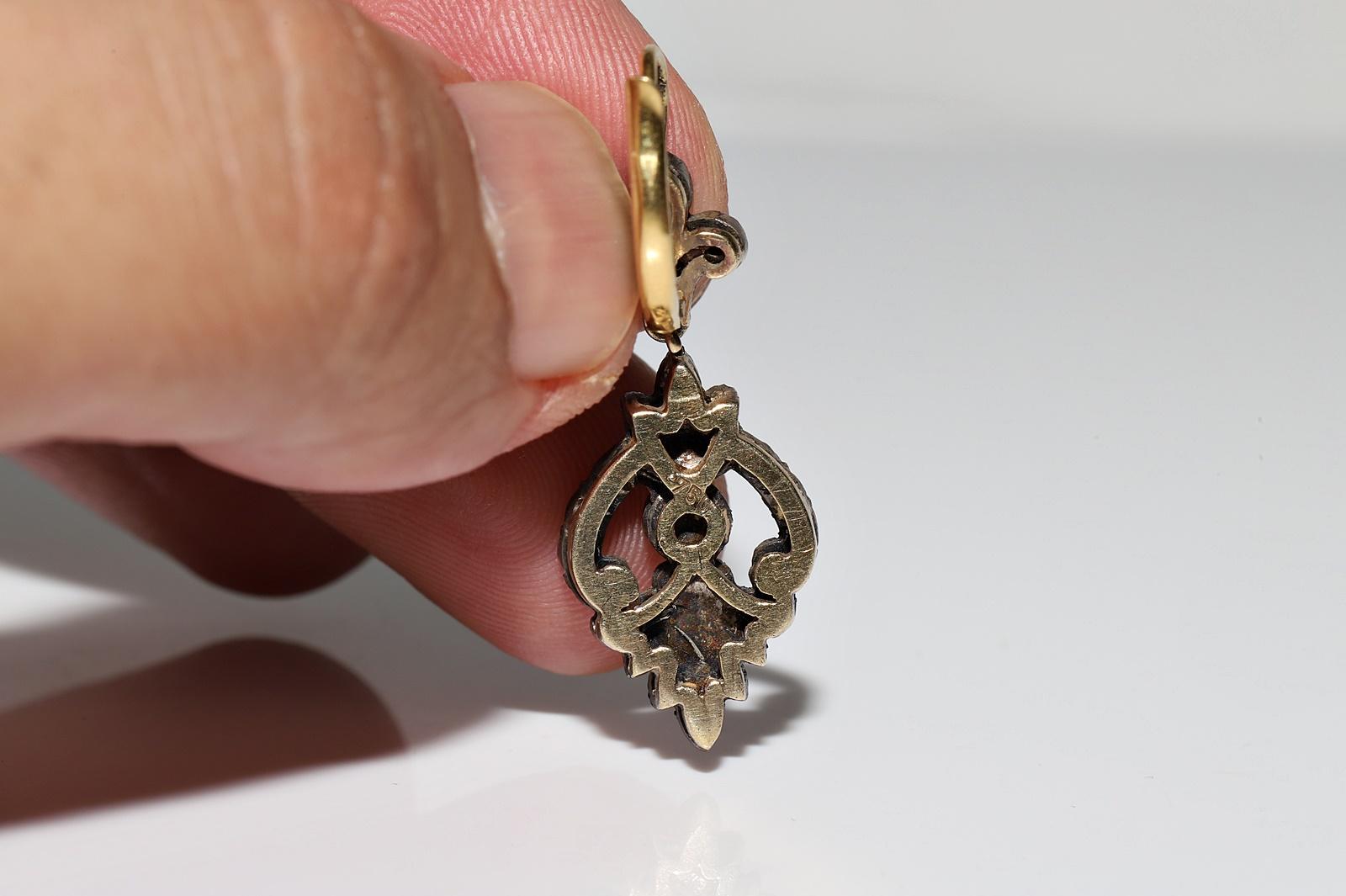 Vintage Circa 1990s 18k Gold Top Silver Natural Rose Cut Diamond Drop Earring For Sale 4