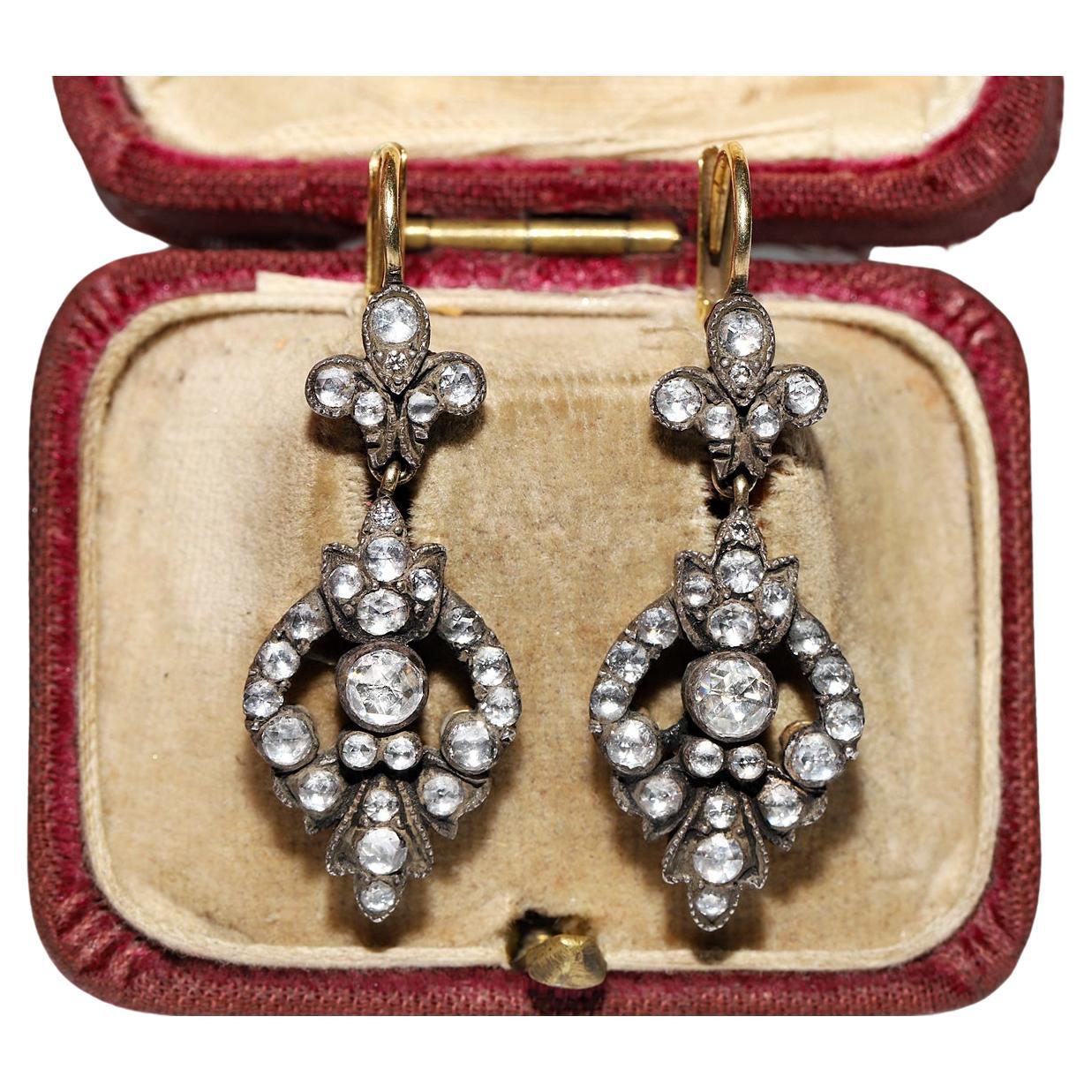 Vintage Circa 1990er Jahre 18k Gold Top Silber Natürlicher Rosenschliff Diamant Tropfenohrring