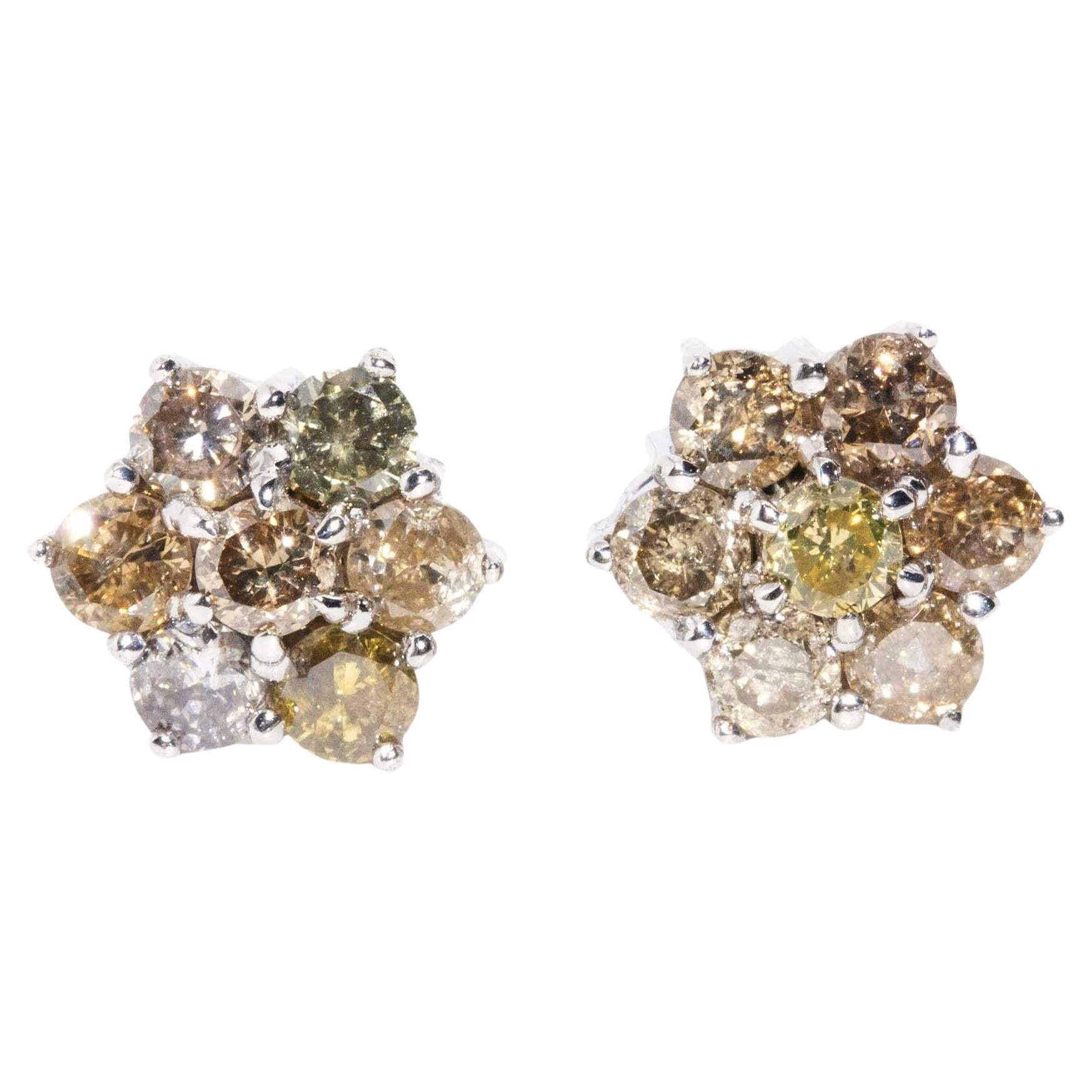 Vintage Circa 1990s 1.96 Carat Diamond Cluster Studs 9 Carat Yellow Gold