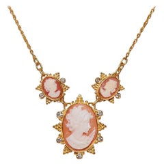 Vintage Circa 1990s 24k Gold Handcrafted Natural Diamond And Cameo Necklace