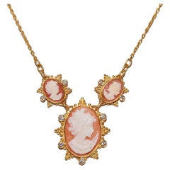 Vintage Circa 1990s 24k Gold Handcrafted Natural Diamond And Cameo Necklace