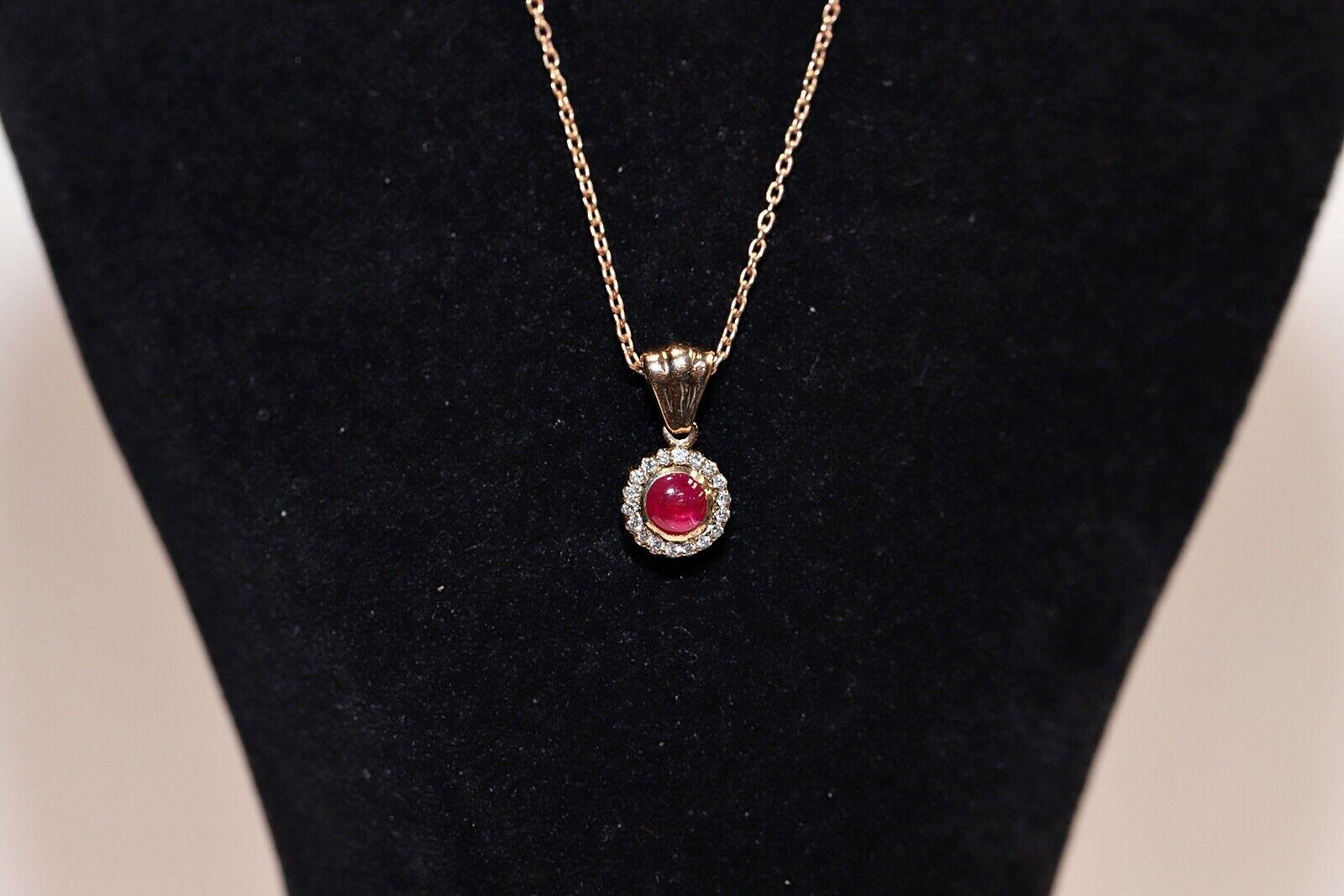 Vintage Circa 1990s 8k Gold Natural Diamond And Cabochon Ruby Pendant Necklace For Sale 5