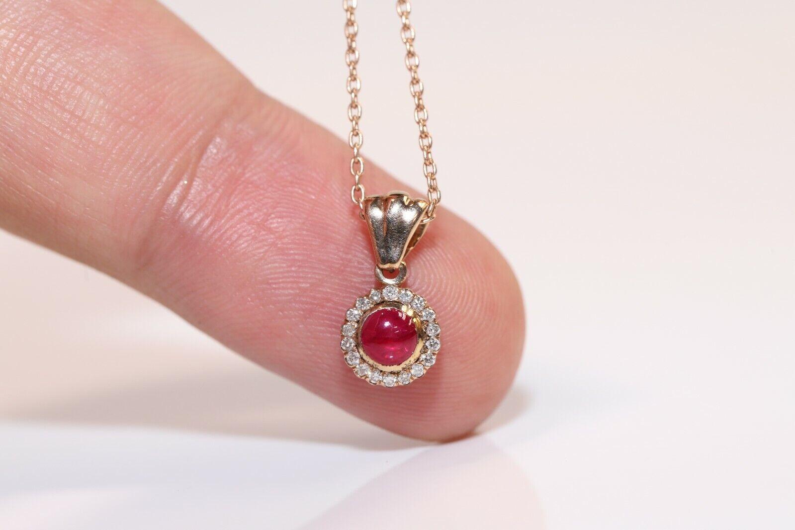 Retro Vintage Circa 1990s 8k Gold Natural Diamond And Cabochon Ruby Pendant Necklace For Sale