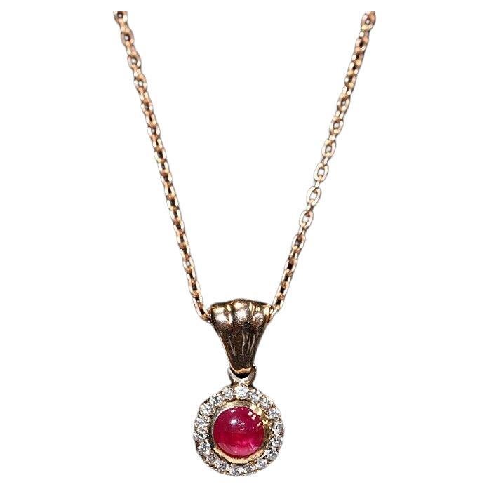 Vintage Circa 1990s 8k Gold Natural Diamond And Cabochon Ruby Pendant Necklace For Sale