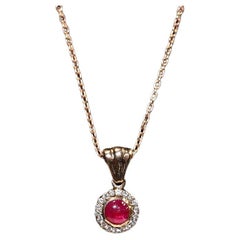 Vintage Circa 1990s 8k Gold Natural Diamond And Cabochon Ruby Pendant Necklace