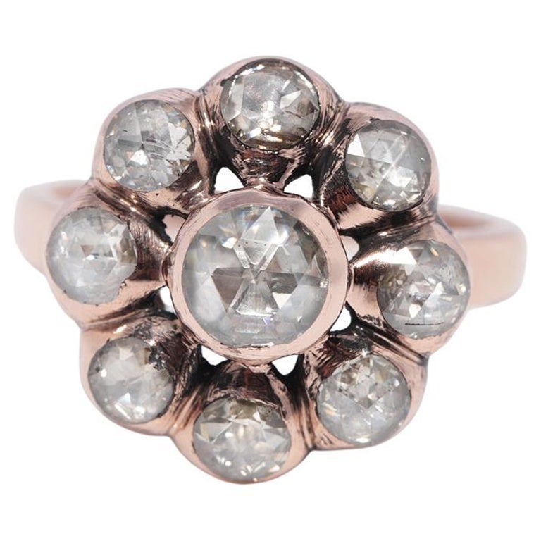 Anello da cocktail decorato con diamanti naturali taglio rosa in oro 8k, vintage, circa anni
90