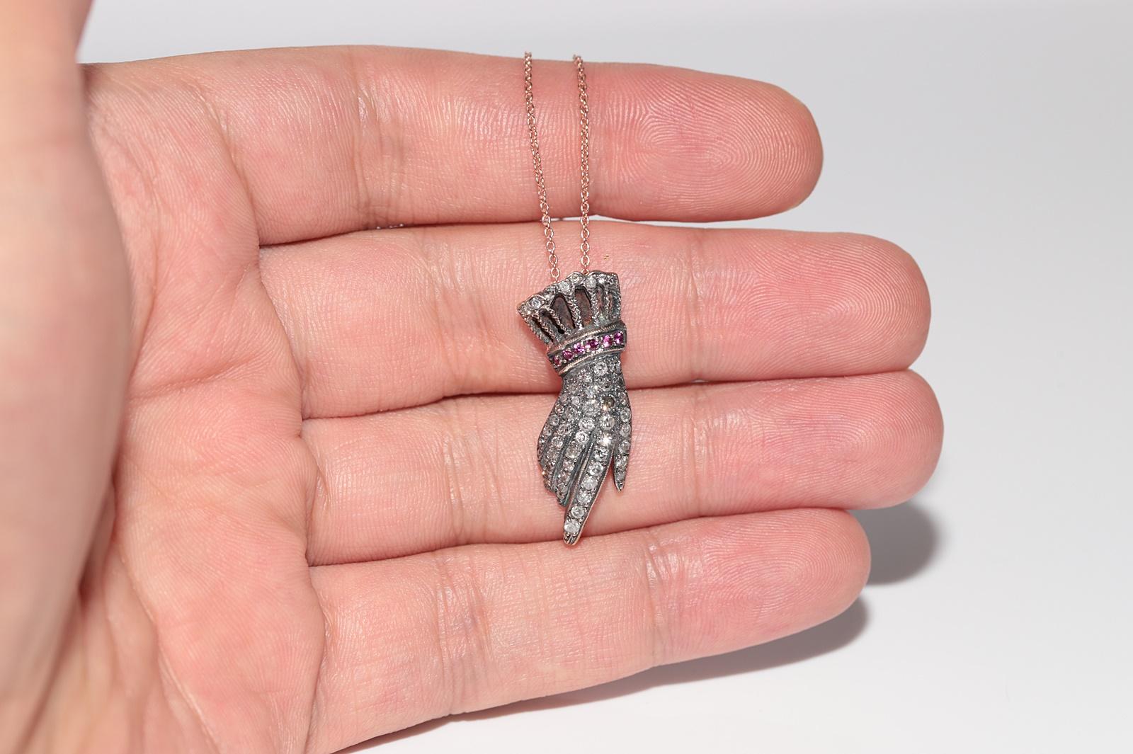 Vintage anni '90, oro 8k, argento, diamanti naturali e rubini, collana a mano in vendita 1