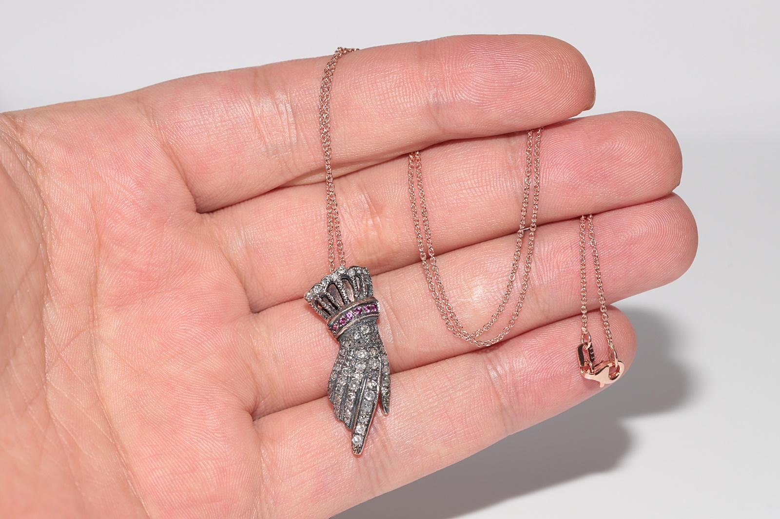 Vintage anni '90, oro 8k, argento, diamanti naturali e rubini, collana a mano in vendita 2