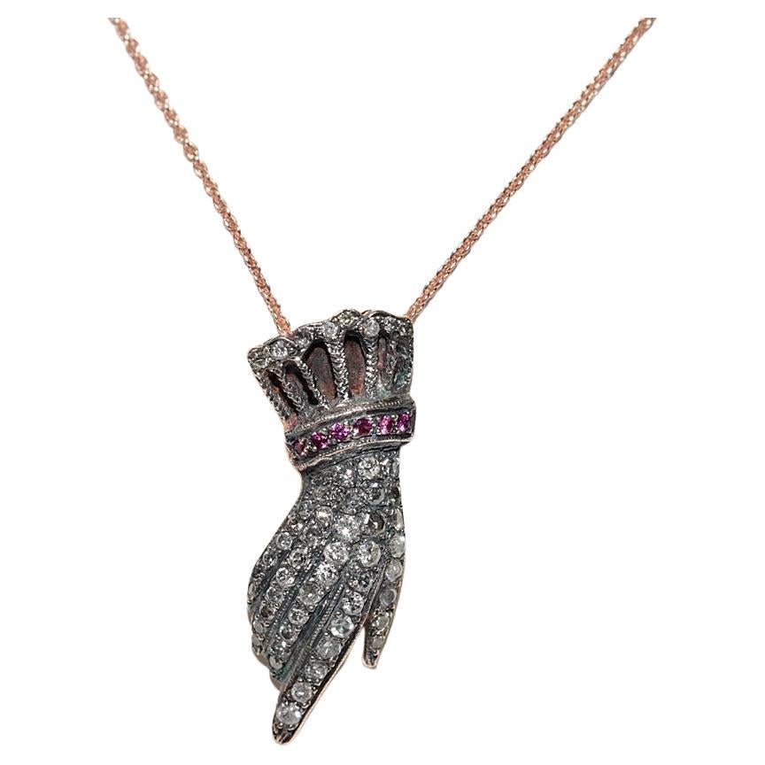 Vintage anni '90, oro 8k, argento, diamanti naturali e rubini, collana a mano in vendita