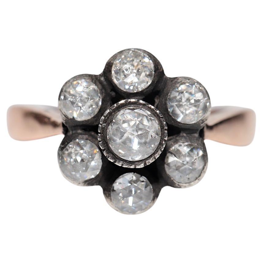 Vintage Circa 1990s 8k Gold Top Silver Natural Rose Cut Diamond Decorated Ring