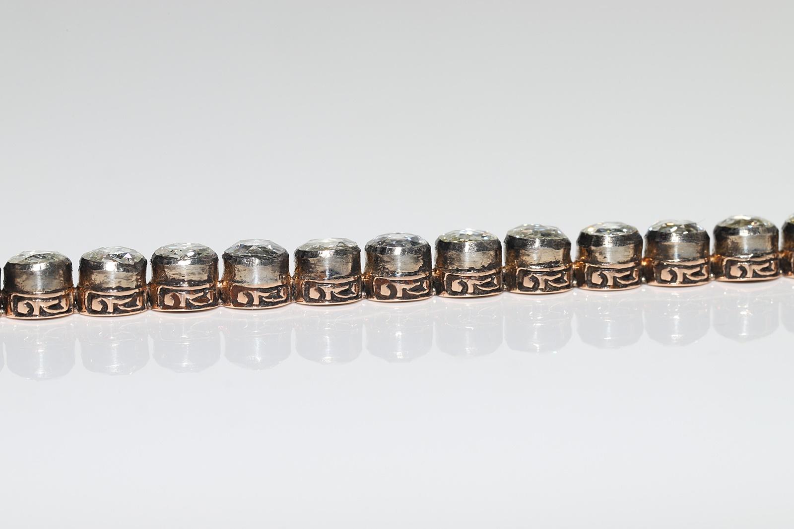 Vintage Circa 1990s 8k Gold Top Silver Natural Rose Cut Diamond Tennis Bracelet For Sale 5