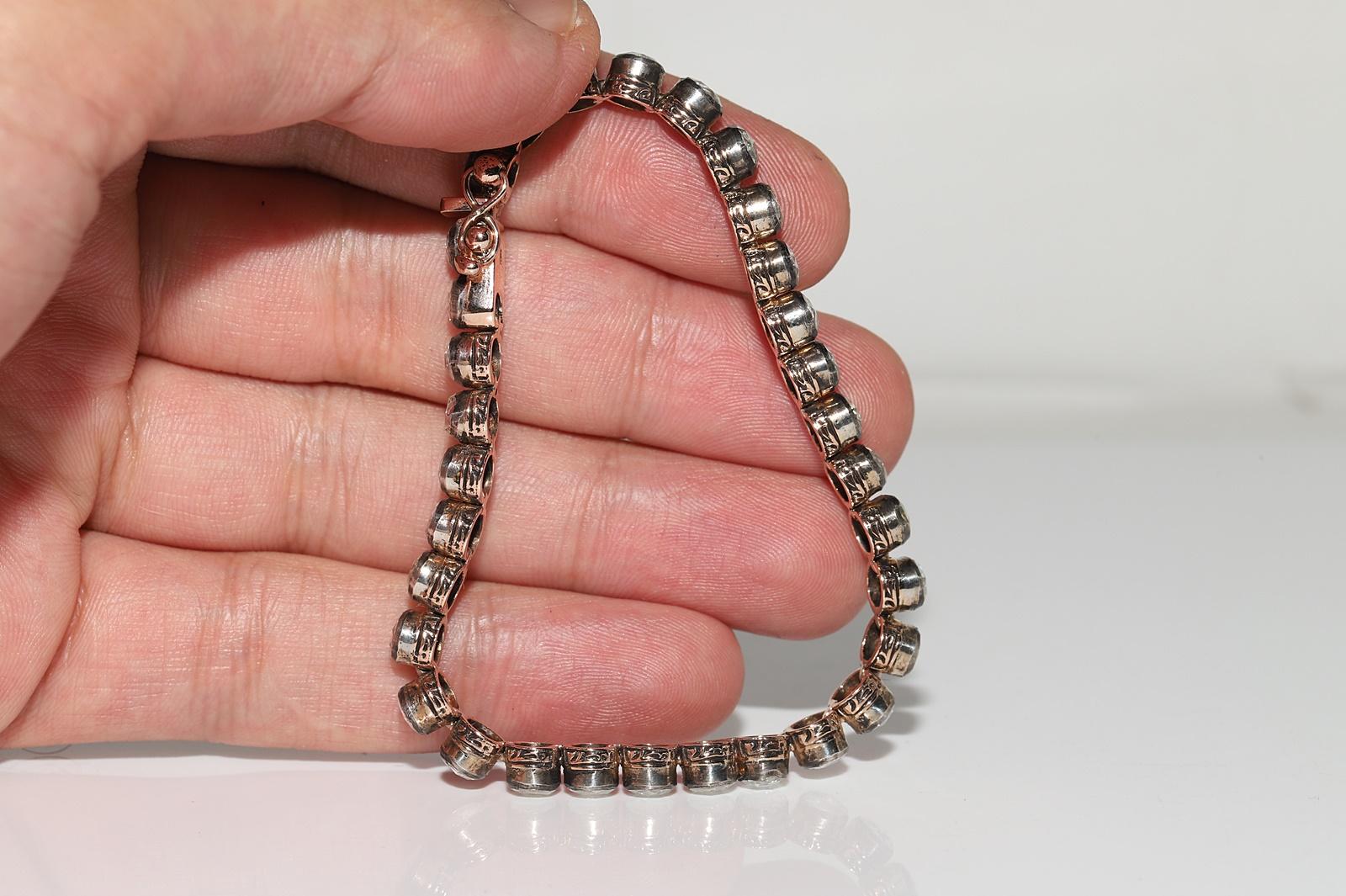 Vintage Circa 1990s 8k Gold Top Silver Natural Rose Cut Diamond Tennis Bracelet For Sale 7