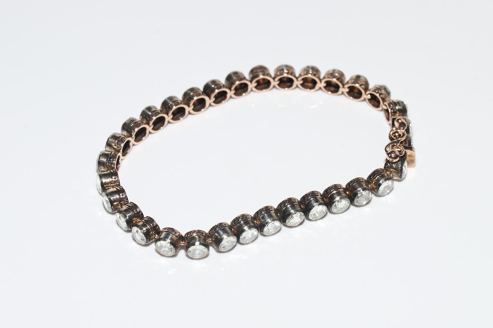 Vintage Circa 1990s 8k Gold Top Silver Natural Rose Cut Diamond Tennis Bracelet For Sale 8