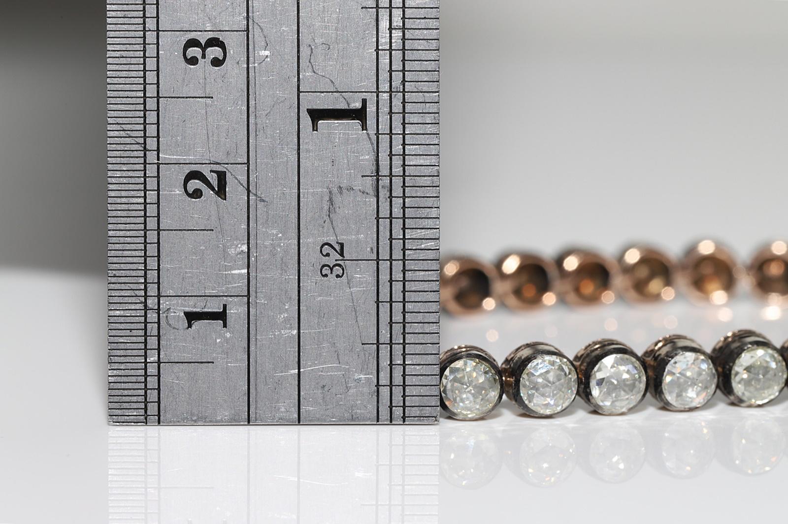 Vintage Circa 1990s 8k Gold Top Silver Natural Rose Cut Diamond Tennis Bracelet For Sale 9