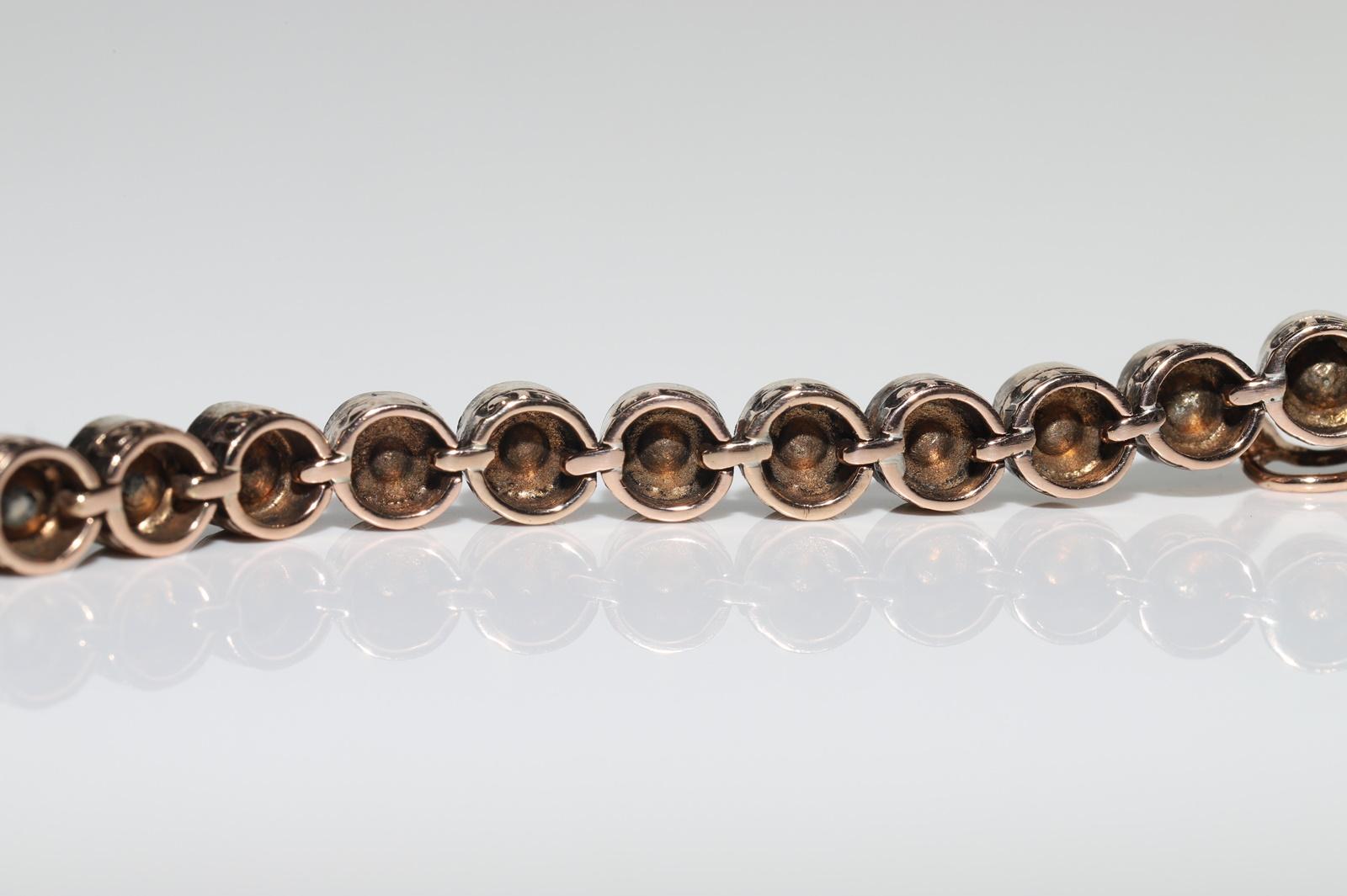 Vintage Circa 1990s 8k Gold Top Silver Natural Rose Cut Diamond Tennis Bracelet For Sale 11