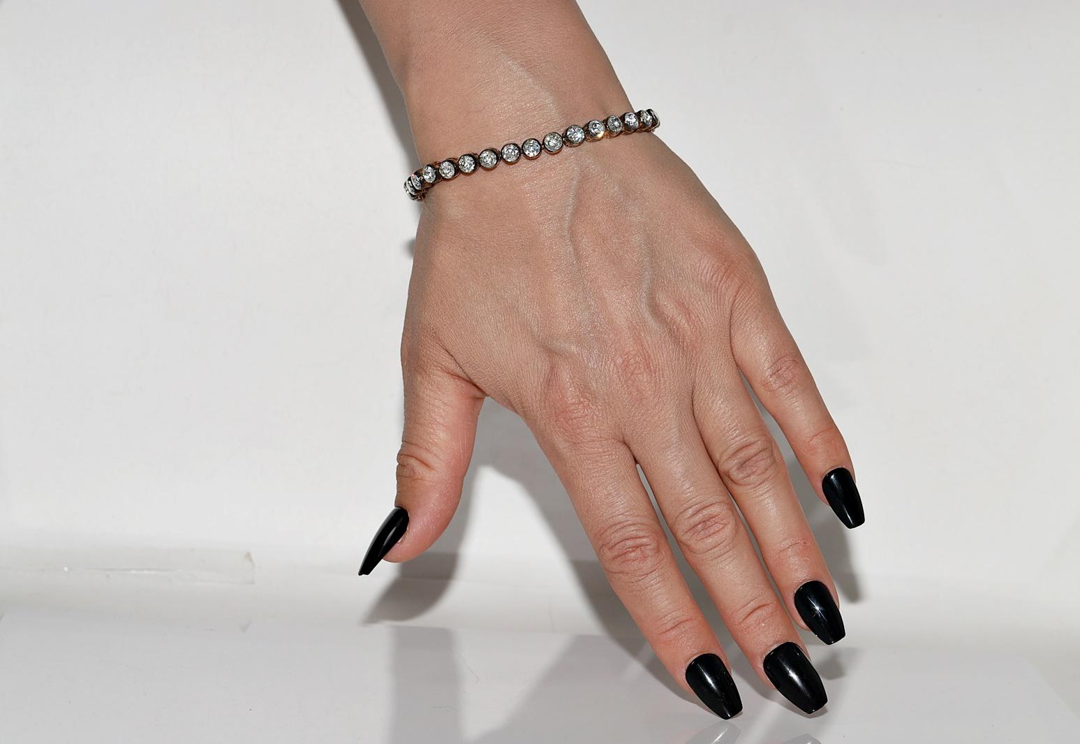 Tennisarmband, Vintage, ca. 1990er Jahre, 8k Gold Top Silber natürlicher Diamant im Rosenschliff im Angebot 12