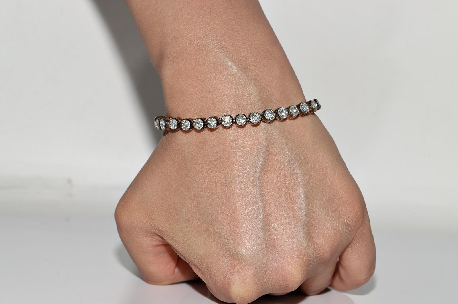 Vintage Circa 1990s 8k Gold Top Silver Natural Rose Cut Diamond Tennis Bracelet For Sale 13