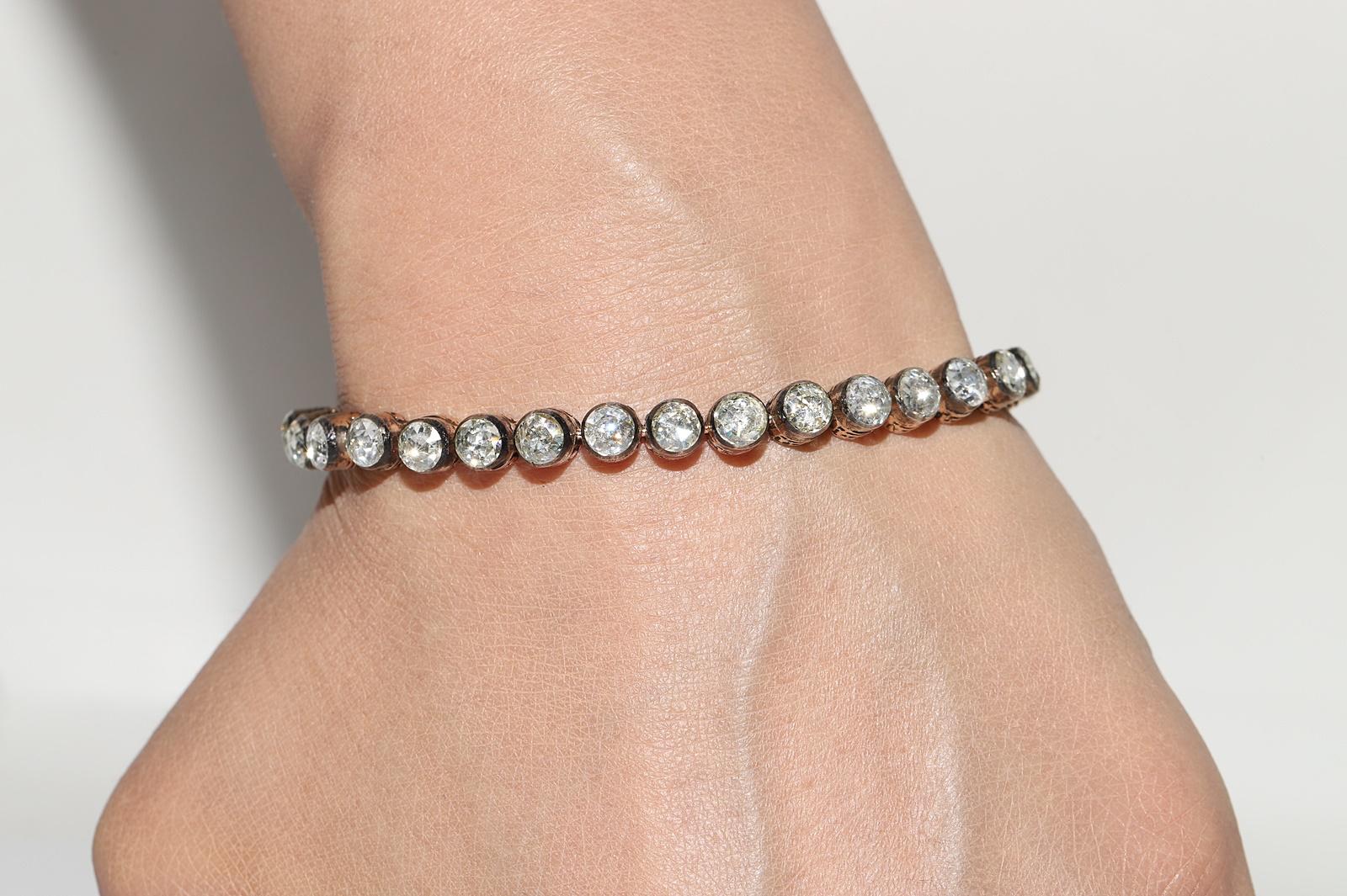 Vintage Circa 1990s 8k Gold Top Silver Natural Rose Cut Diamond Tennis Bracelet For Sale 14